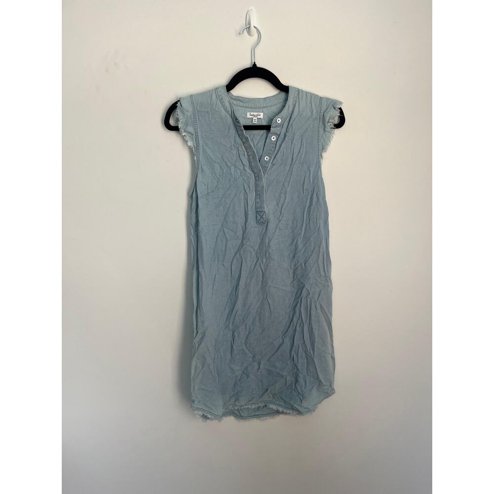 Splendid Sleeveless Henley Dress Women XS Blue Chambray‎ Frayed Hem Casual